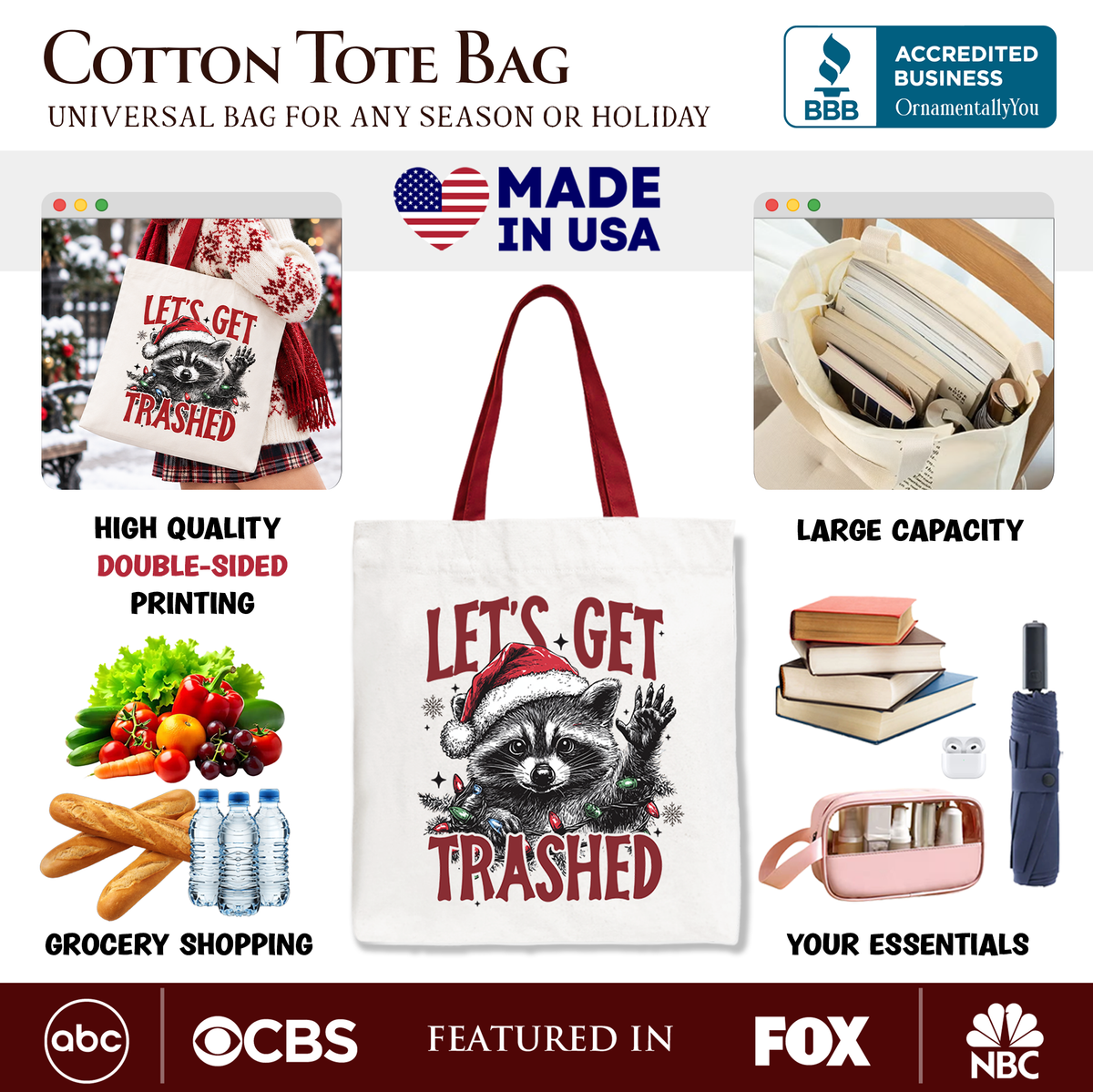 White cotton tote bag with red handles, raccoon holiday graphic and text "LET'S GET TRASHED"