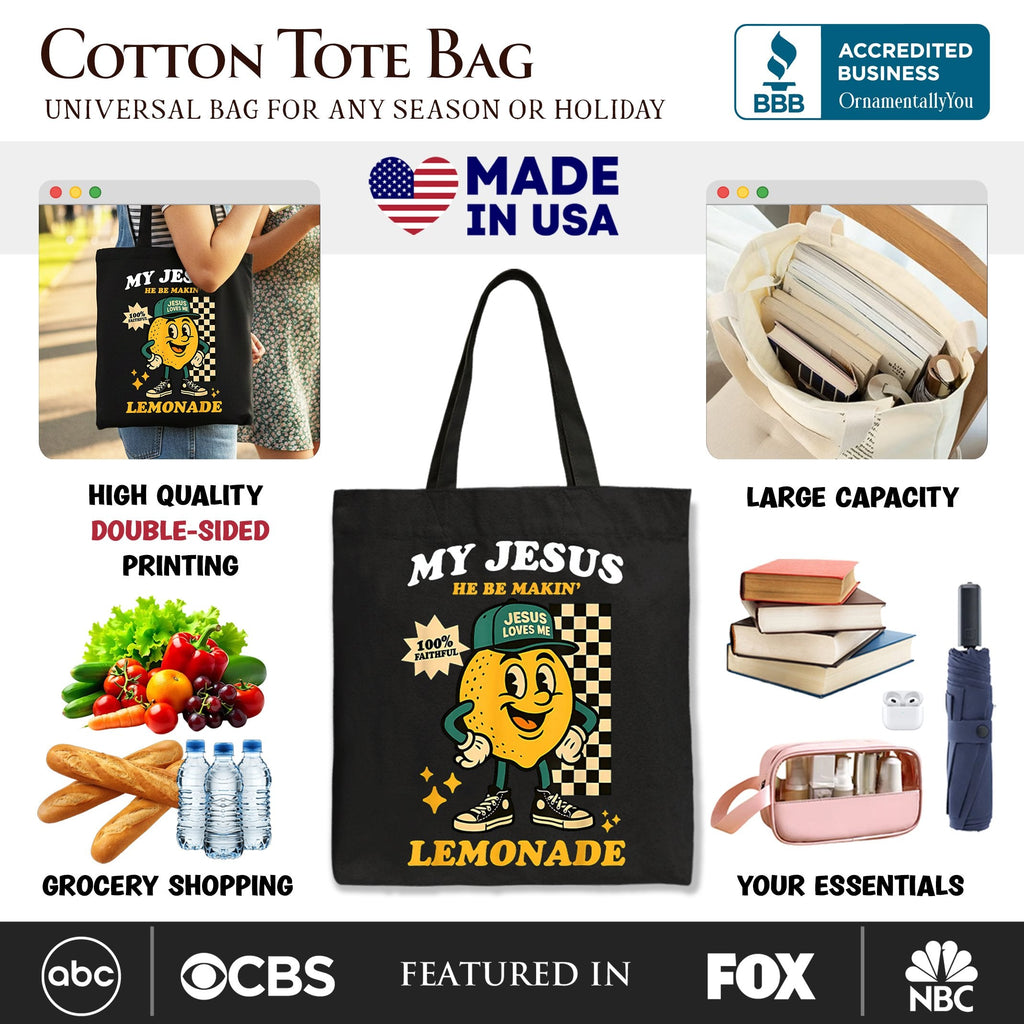 Black tote bag with double-sided 'My Jesus' lemonade print and cartoon face.