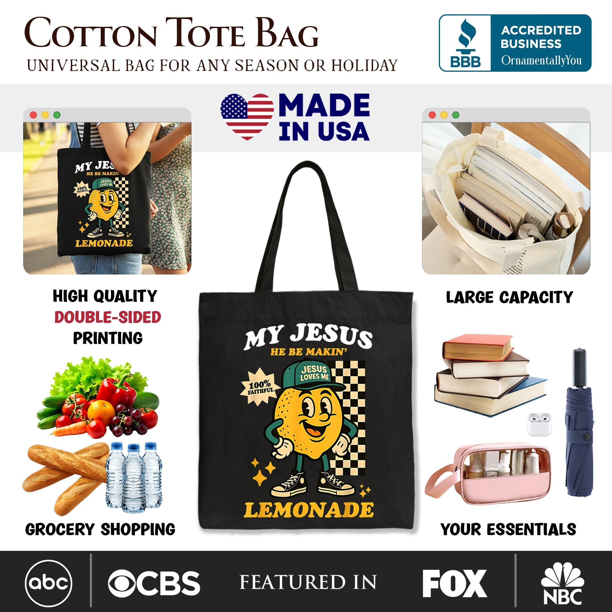 Black tote bag with double-sided 'My Jesus' lemonade print and cartoon face.