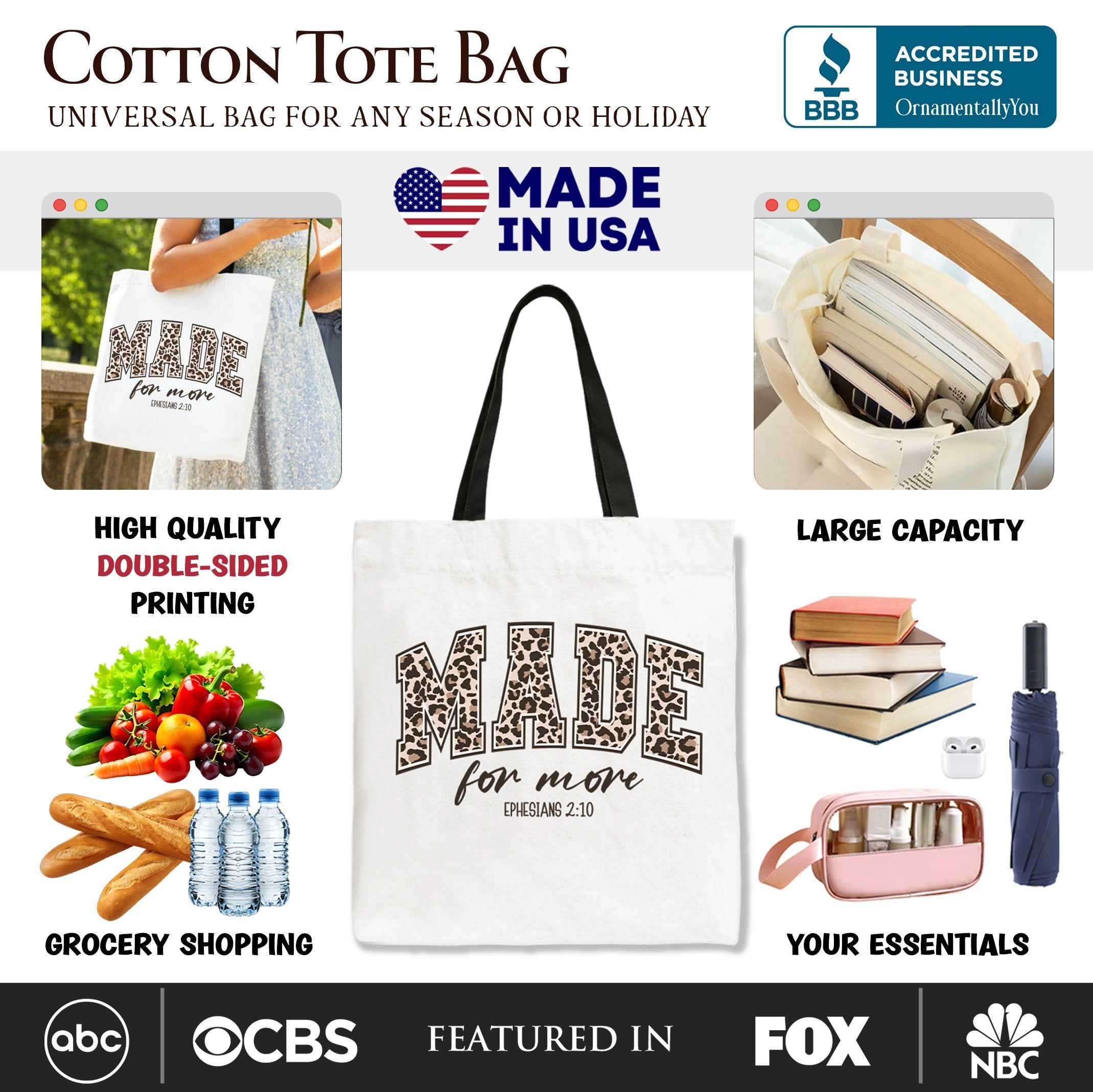 White cotton tote bag with black leopard-style "MADE for more" lettering and handles