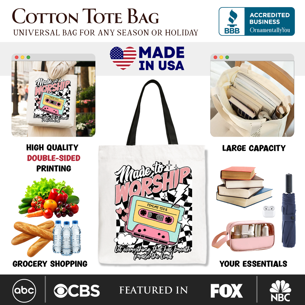 White Christian tote bag with black handles and Made to Worship graphic Bible verse front