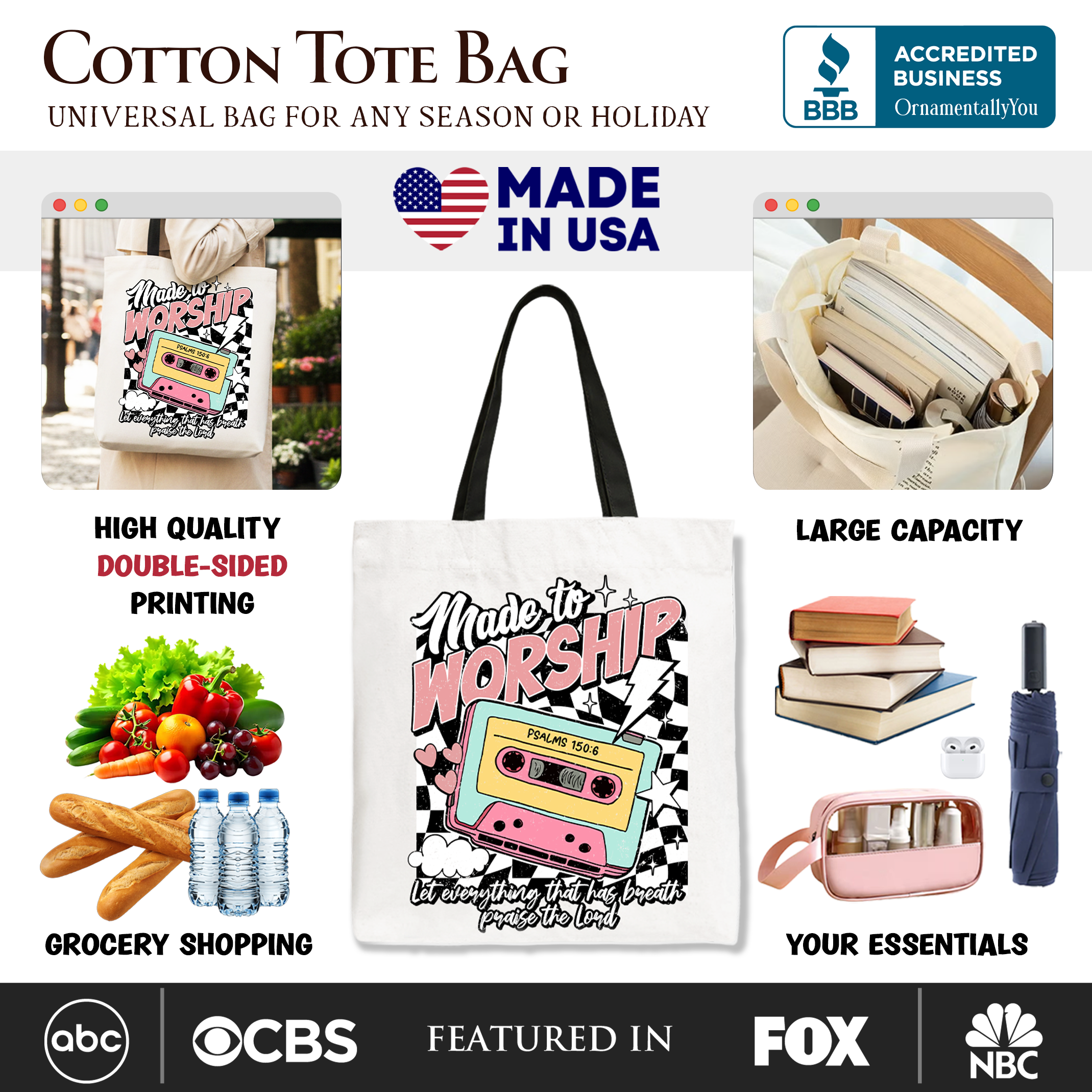 White Christian tote bag with black handles and Made to Worship graphic Bible verse front