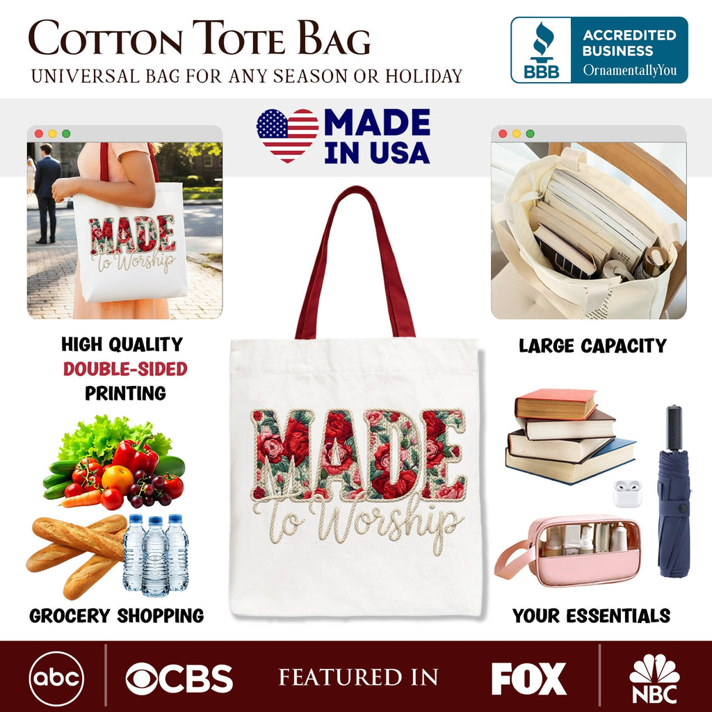 White tote bag with red handles and floral “MADE to Worship” print