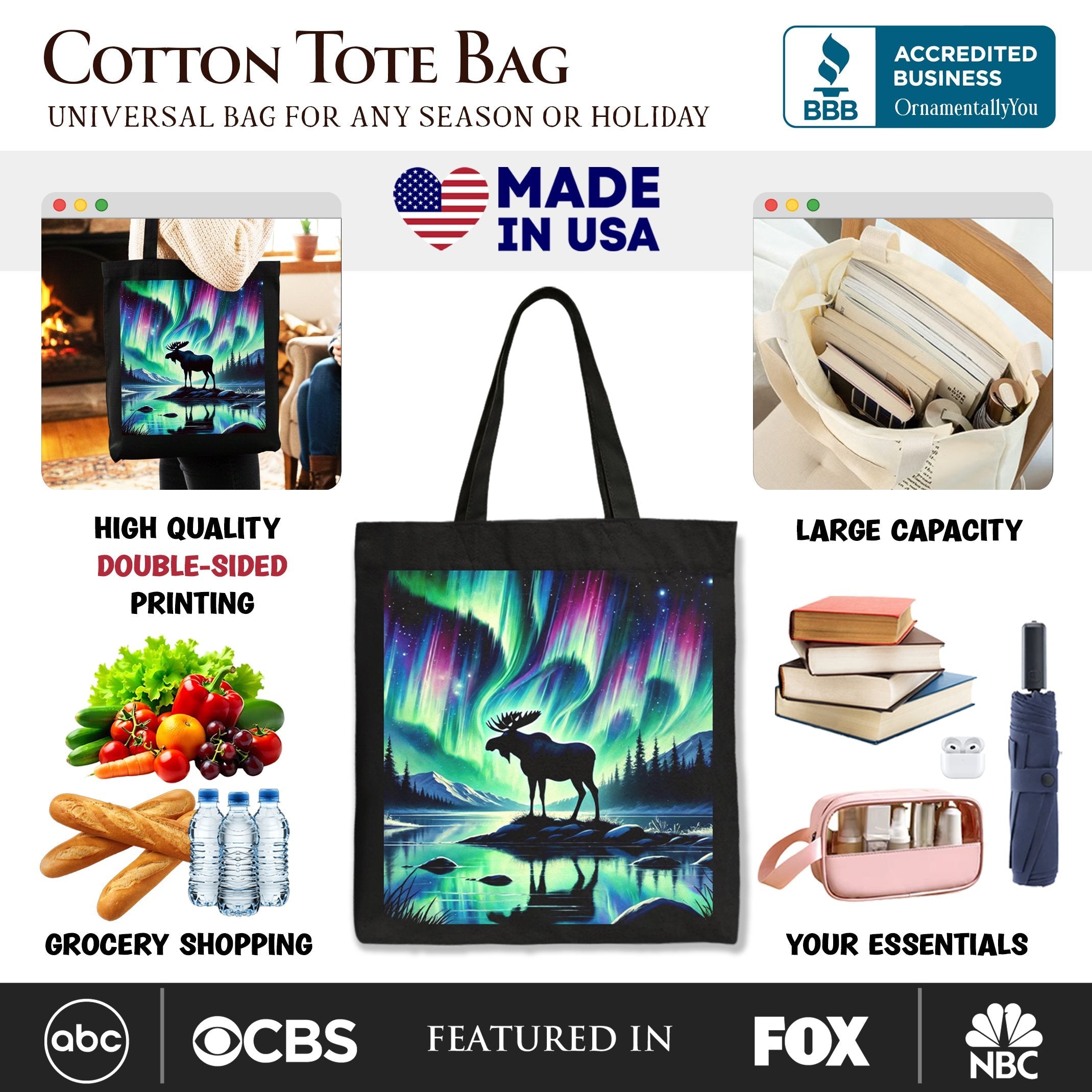 Black canvas tote bag with double-sided northern lights moose print