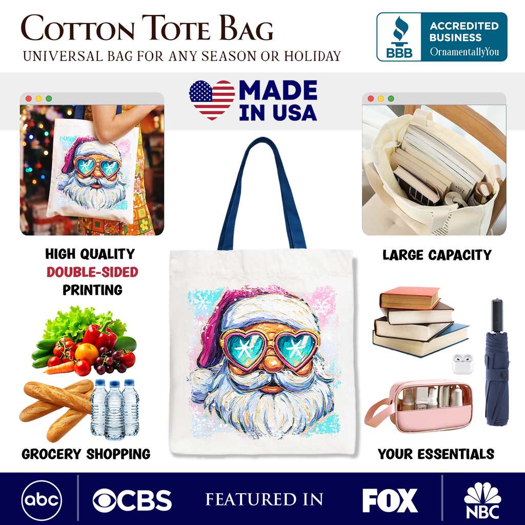 Cotton tote bag front view with colorful Santa sunglasses print, navy handles