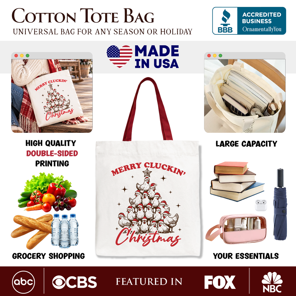 White cotton tote bag with red Merry Cluckin' Christmas chicken graphic and burgundy handles