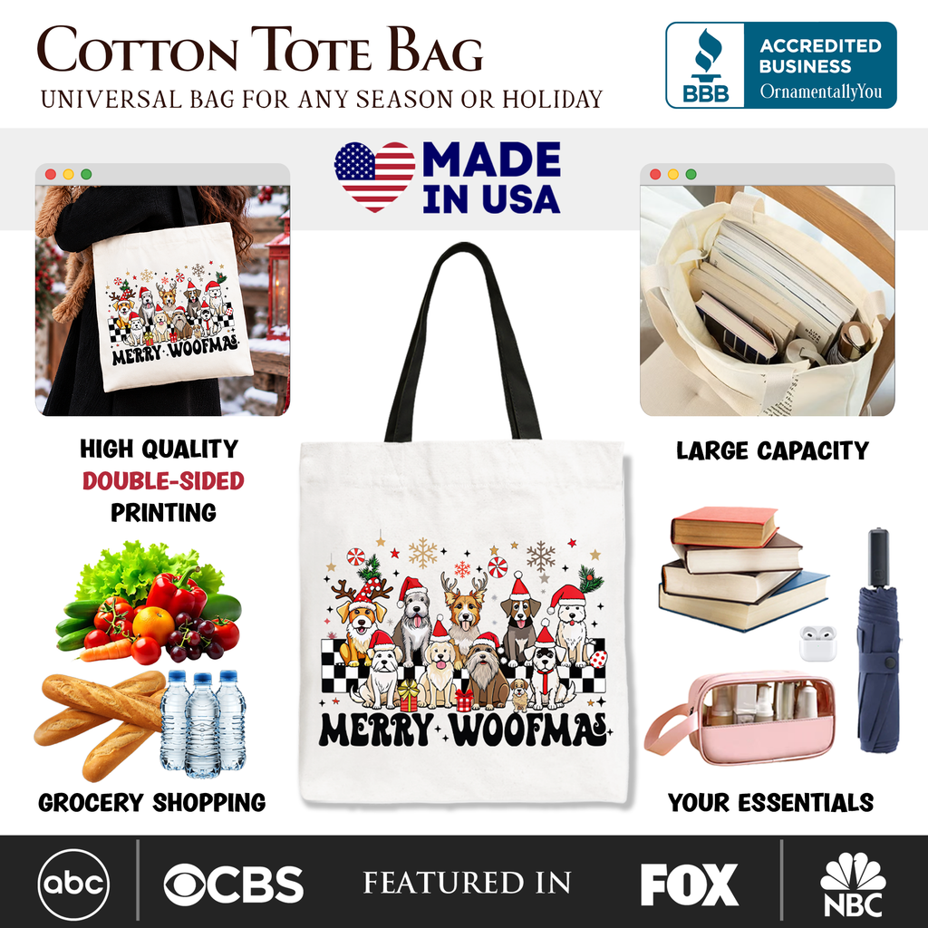 Beige cotton tote bag with Merry Woofmas dog illustration, black handles
