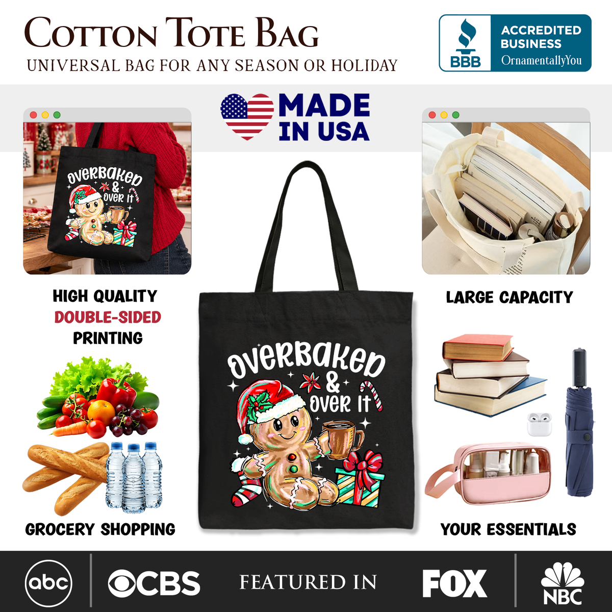 Black cotton tote bag with 'overbaked & over it' gingerbread illustration on front