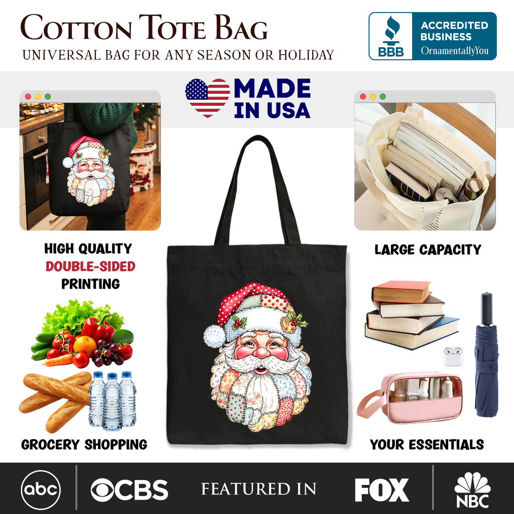 Black tote bag with Santa Claus face graphic and double-sided print