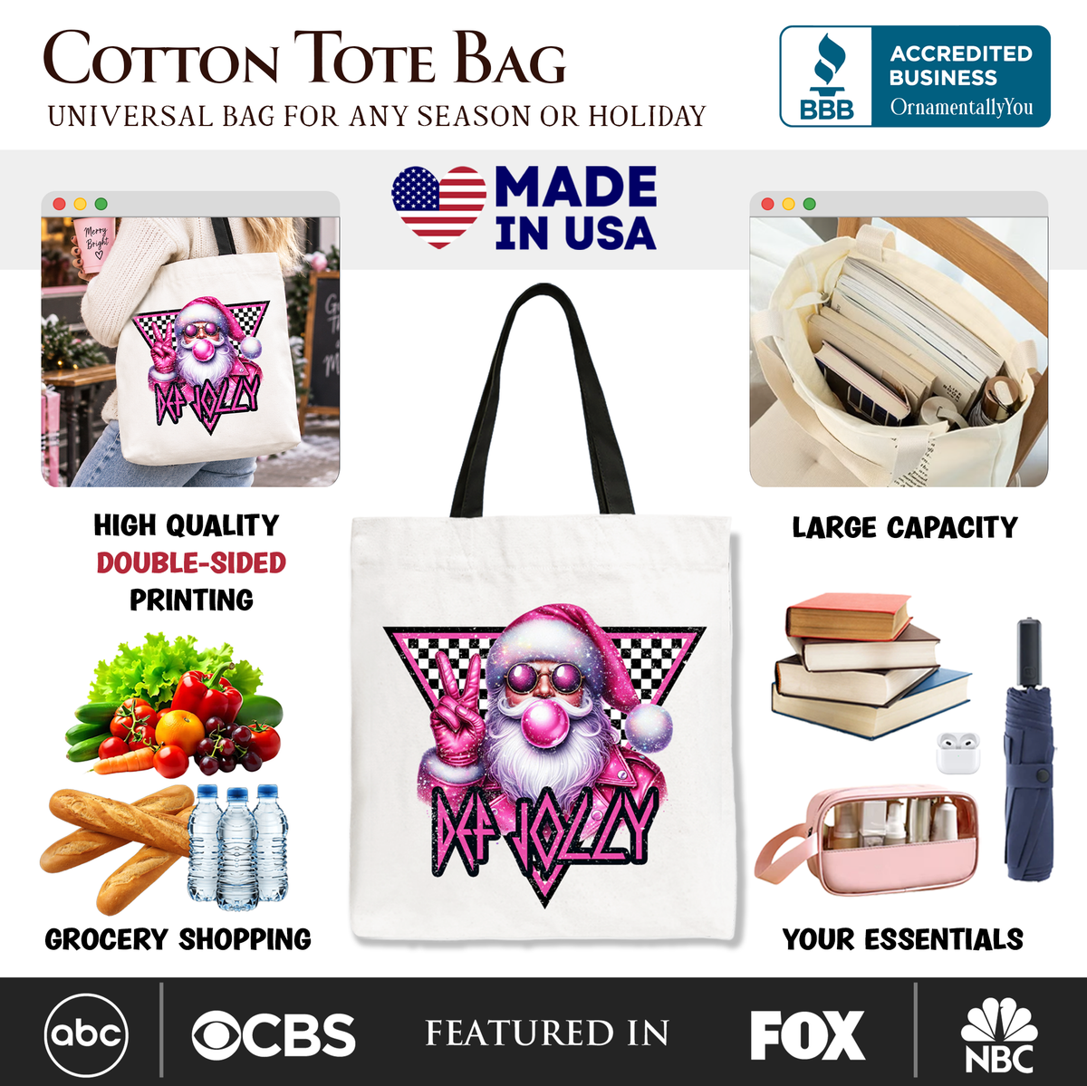 Cotton tote bag with Santa bubblegum front print and black handles