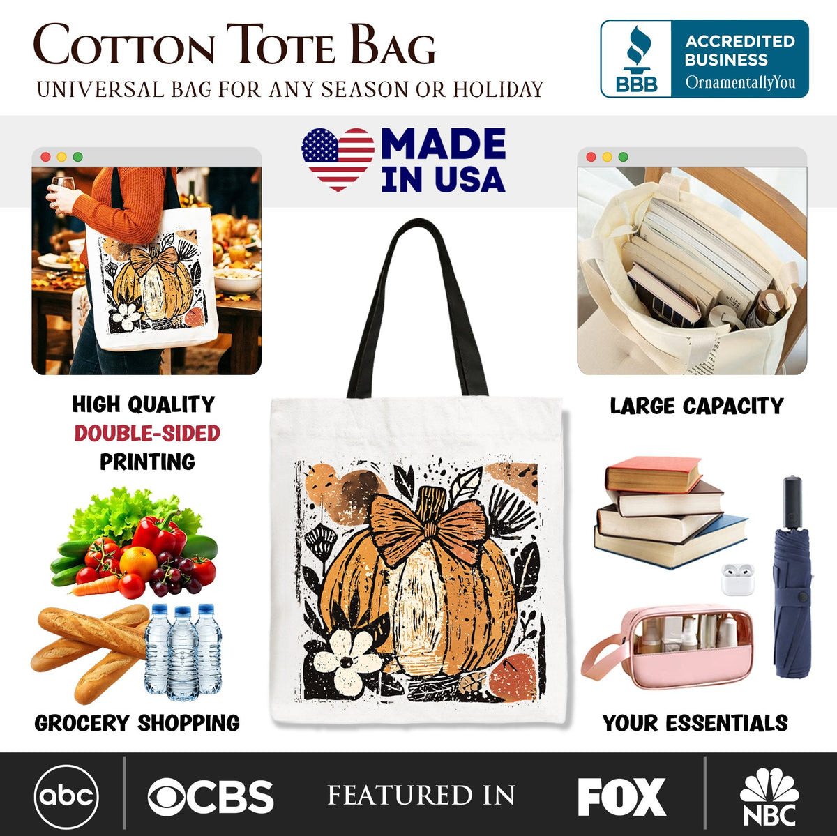White canvas tote bag with black and orange pumpkin floral bow graphic