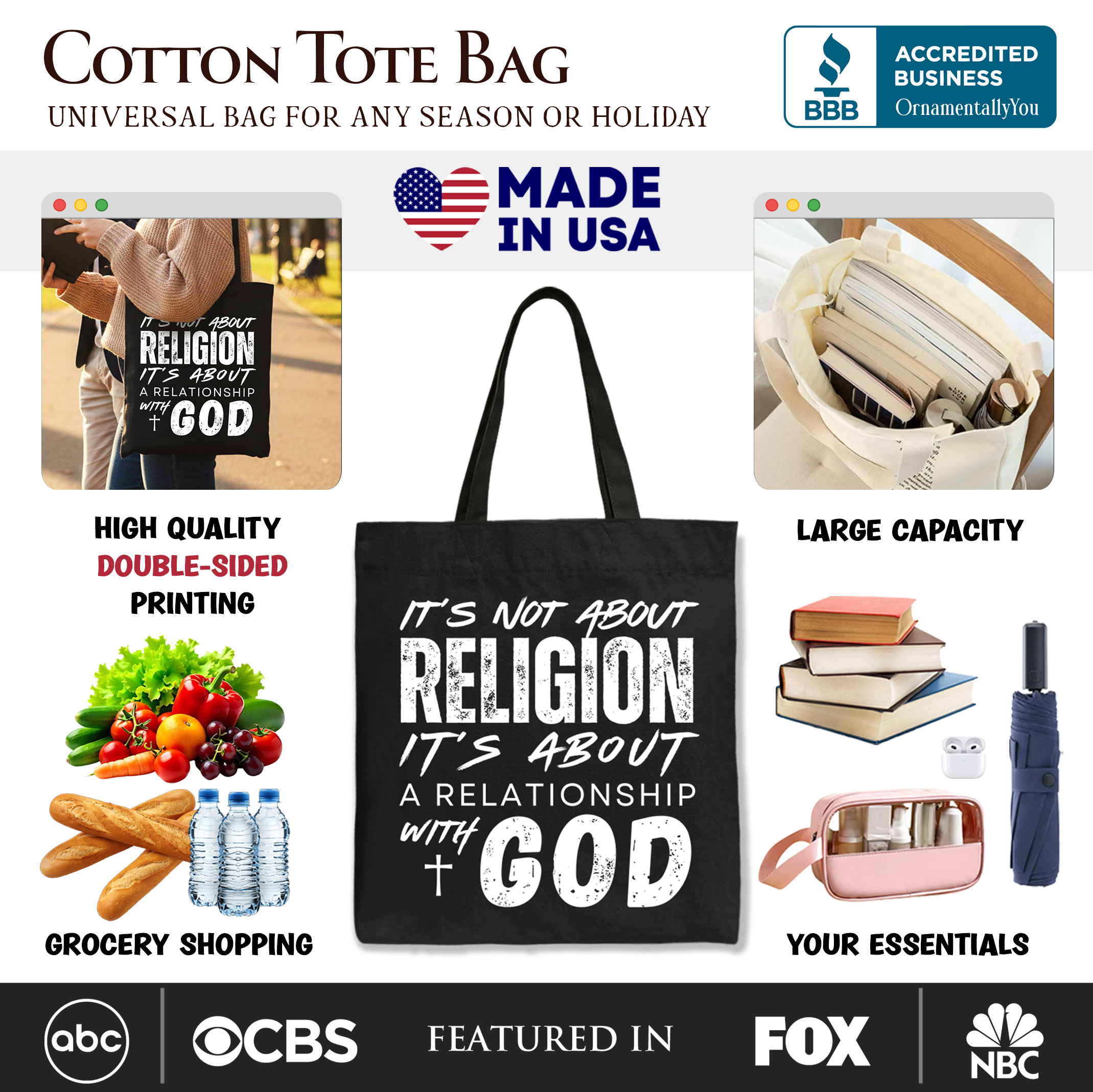 Front of black tote bag with white quote: it’s about a relationship with God.