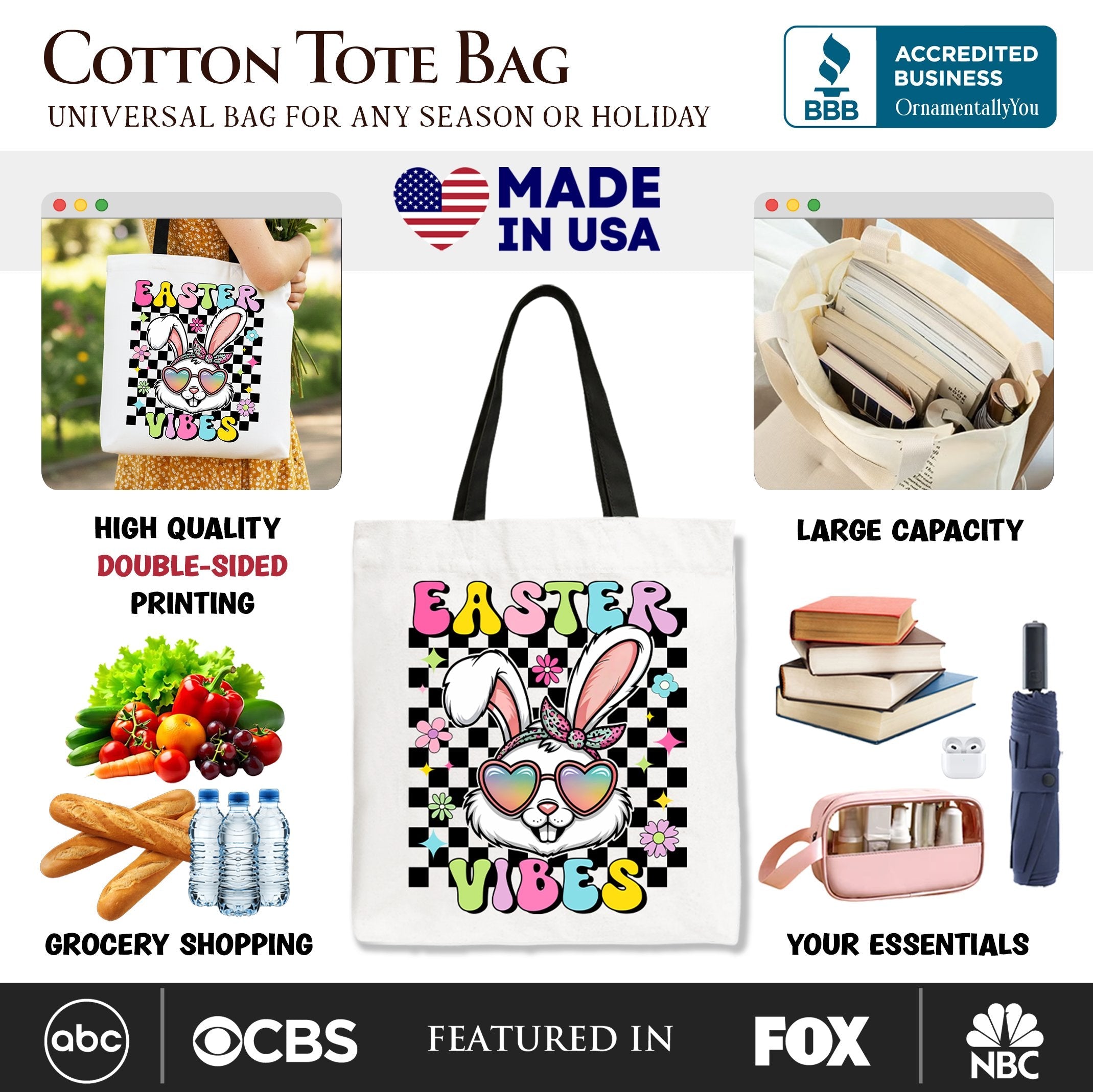 White tote bag with black handles and 'Easter Vibes' bunny graphic front.