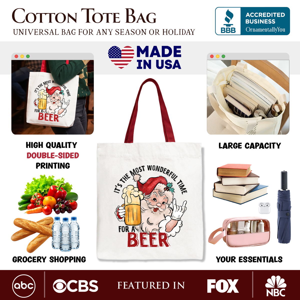 White cotton tote bag with Santa beer graphic and carrying handles, promotional collage