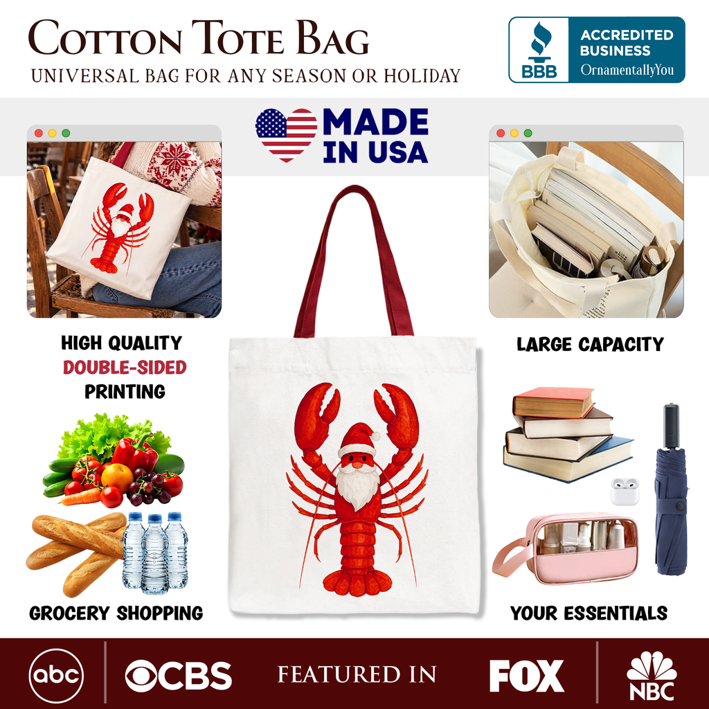 White cotton tote bag with red handles and red lobster Santa graphic on front