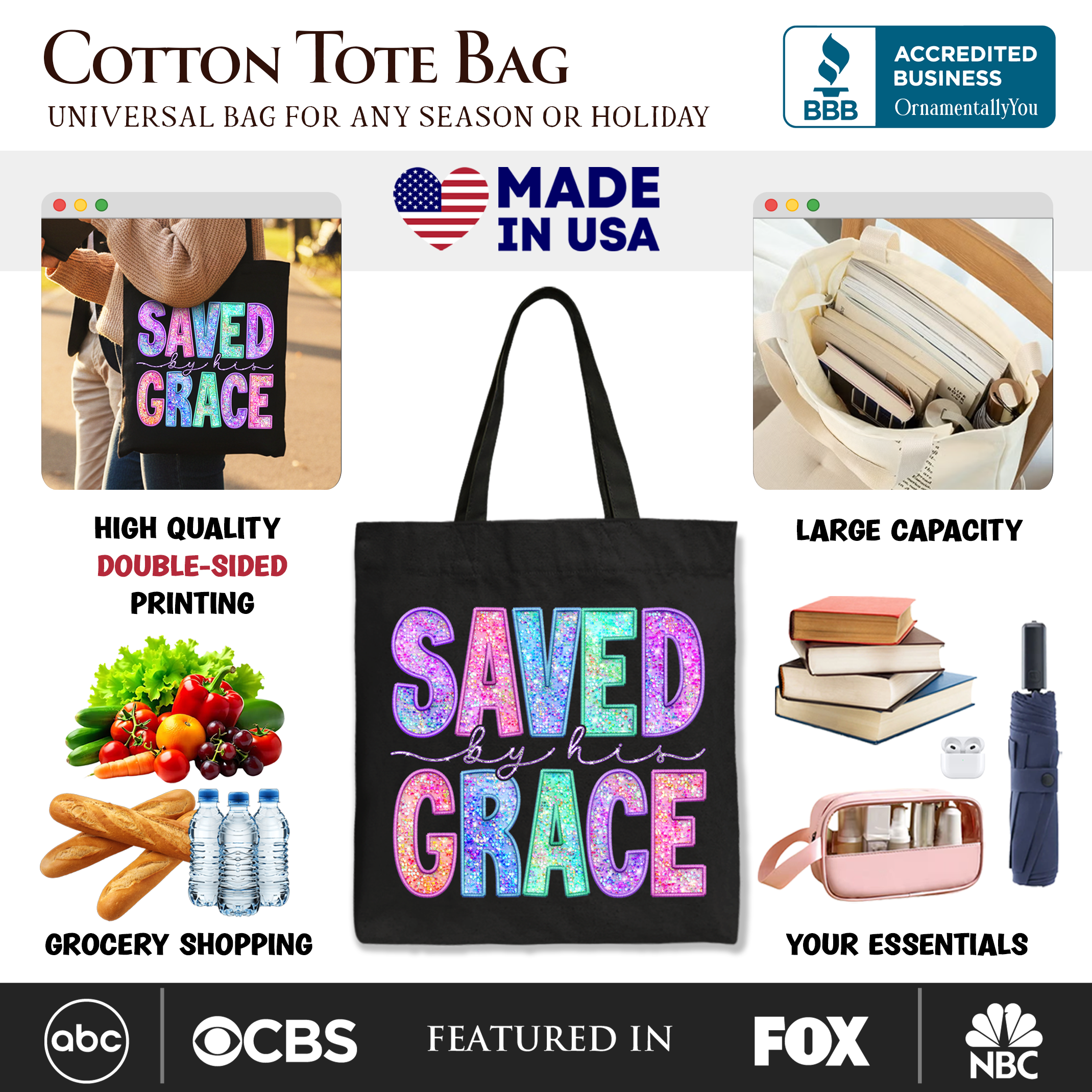 Black cotton tote bag with faux sequin 'Saved by Grace' print