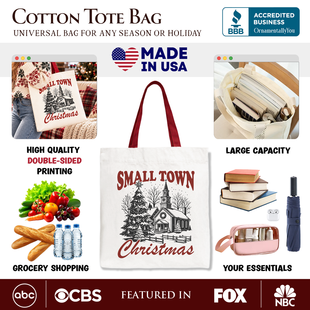 Cotton Christmas tote bag with “Small Town Christmas” church print on cream front
