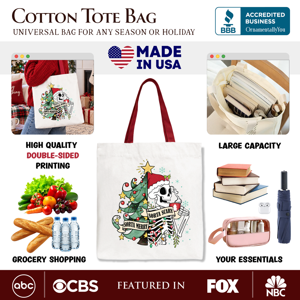 White cotton tote bag with skeleton-and-Christmas-tree print and red fabric handles