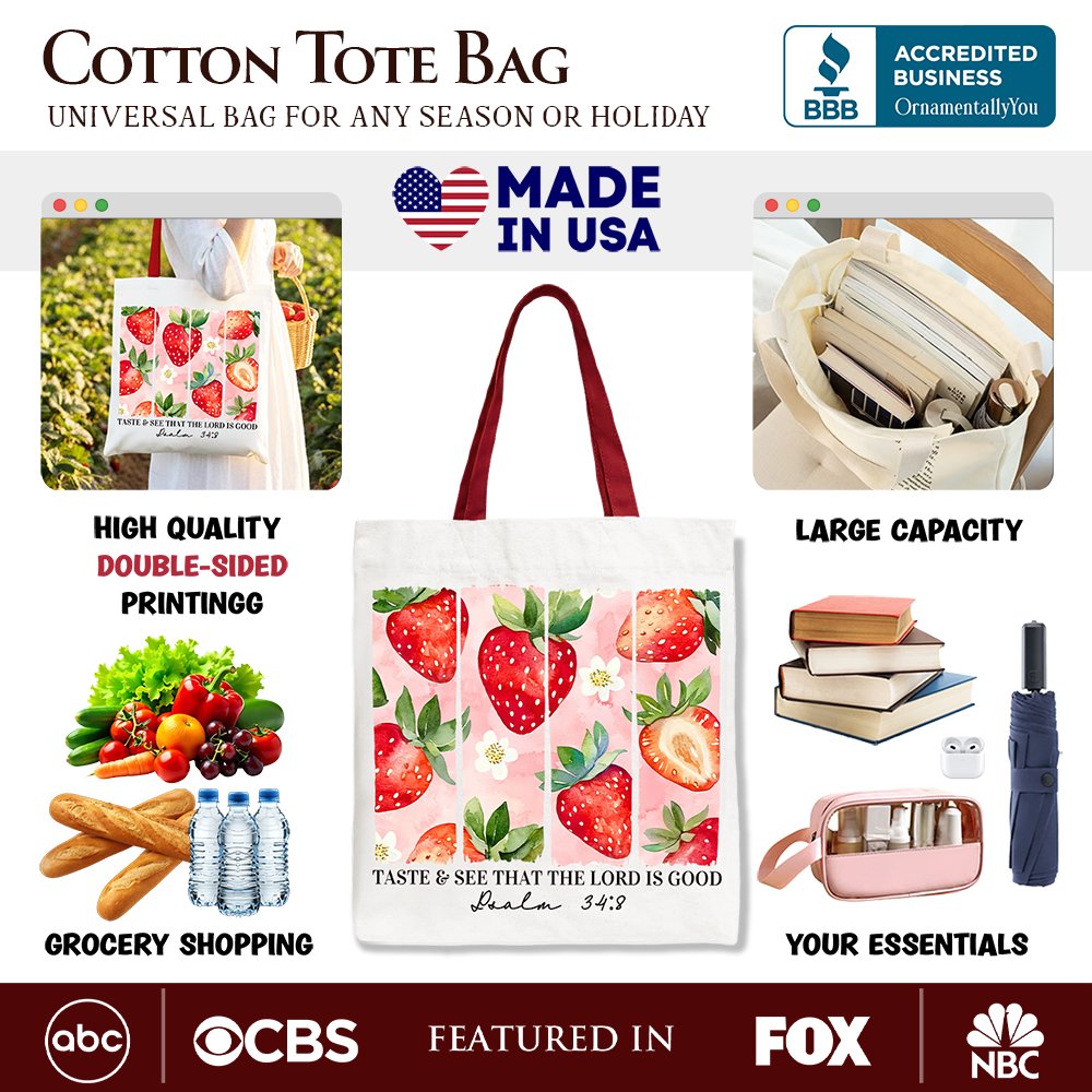 Strawberry print canvas tote bag with red handles, front and side view