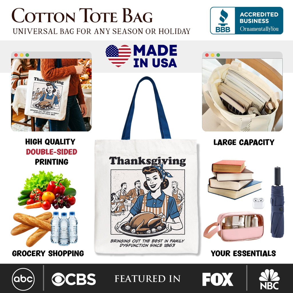 White Thanksgiving cotton tote bag with navy handles, front print showing girl and turkey.