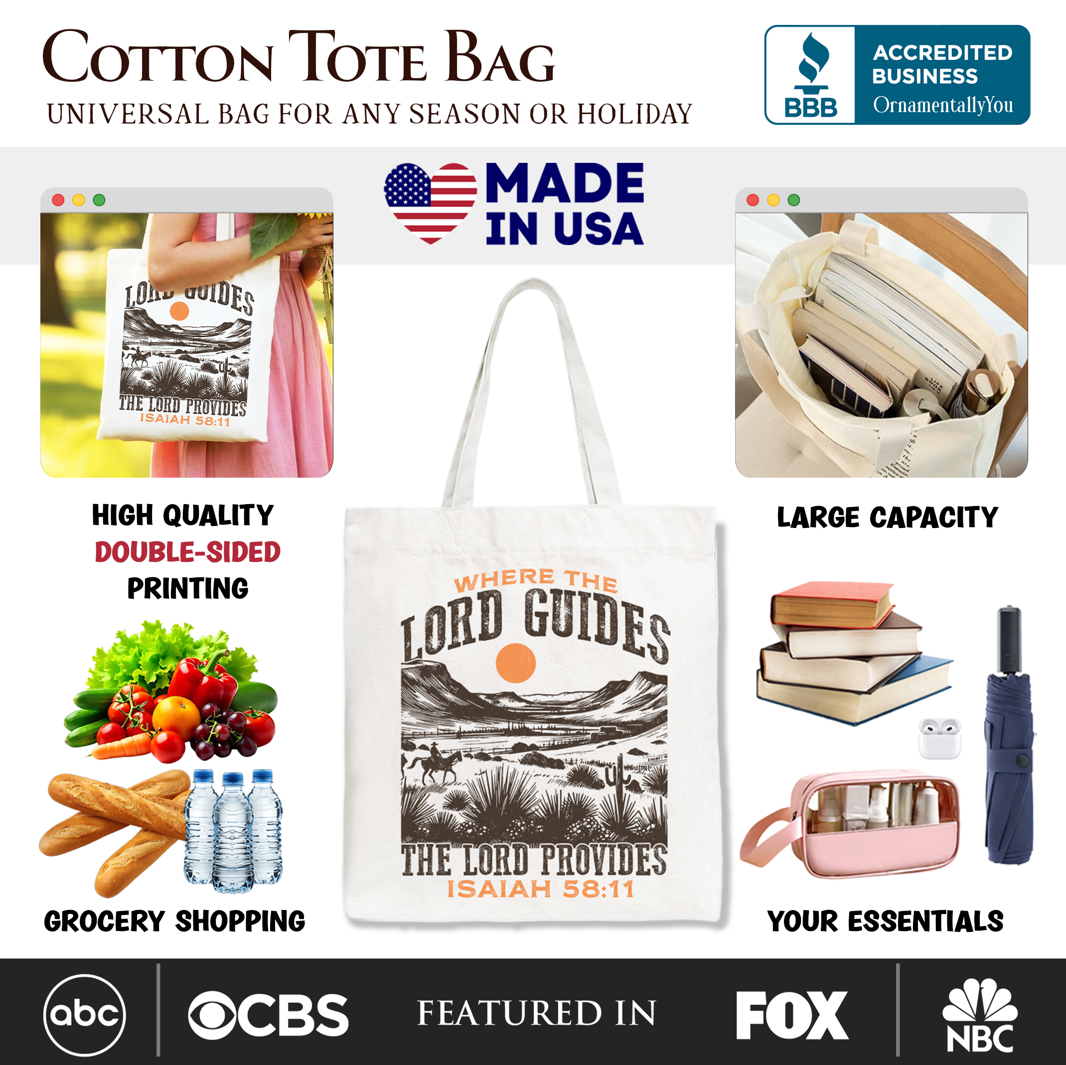 White cotton tote bag with desert scene print and 'The Lord Provides' Isaiah 58:11