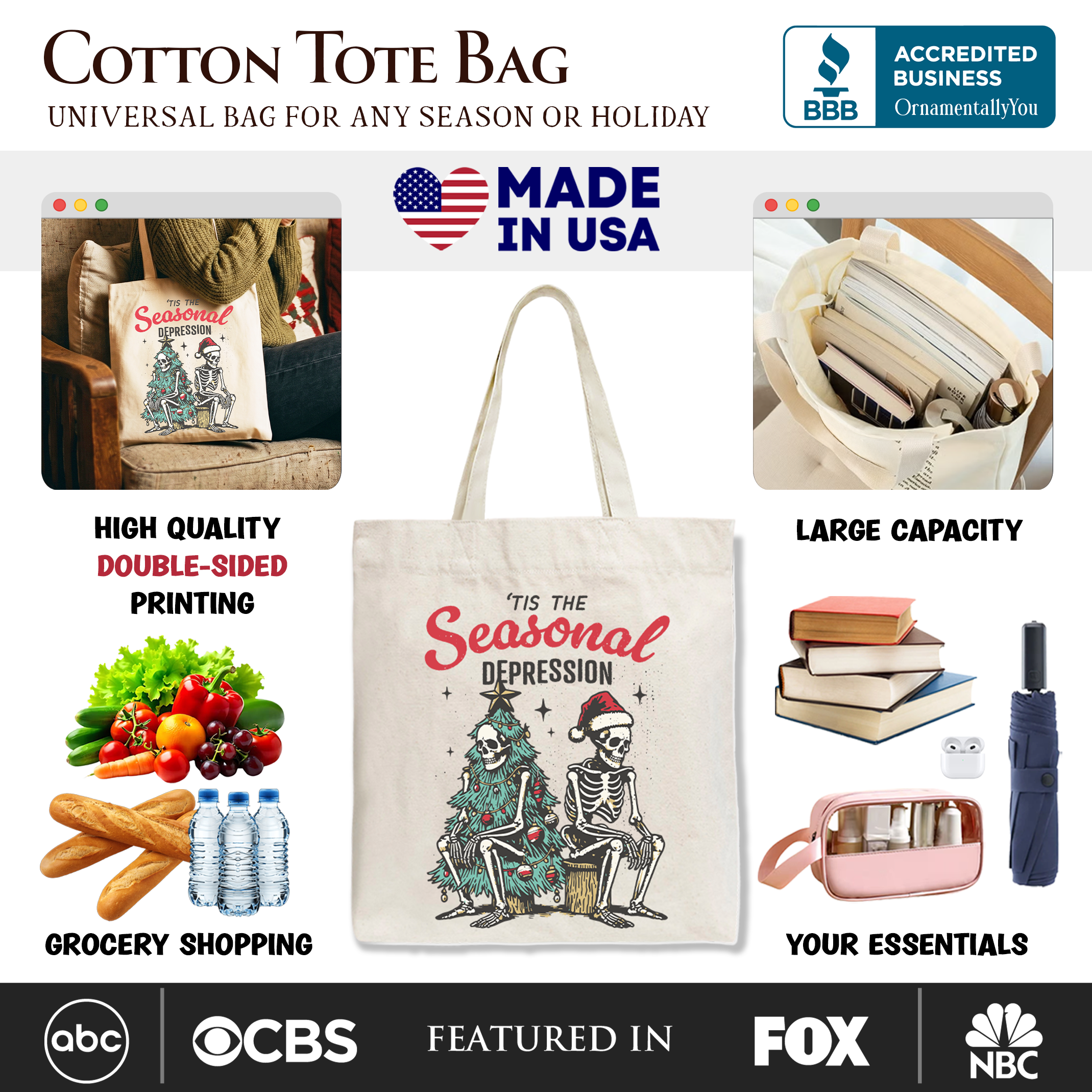 White cotton tote bag with 'Tis the Seasonal Depression' graphic on the front panel