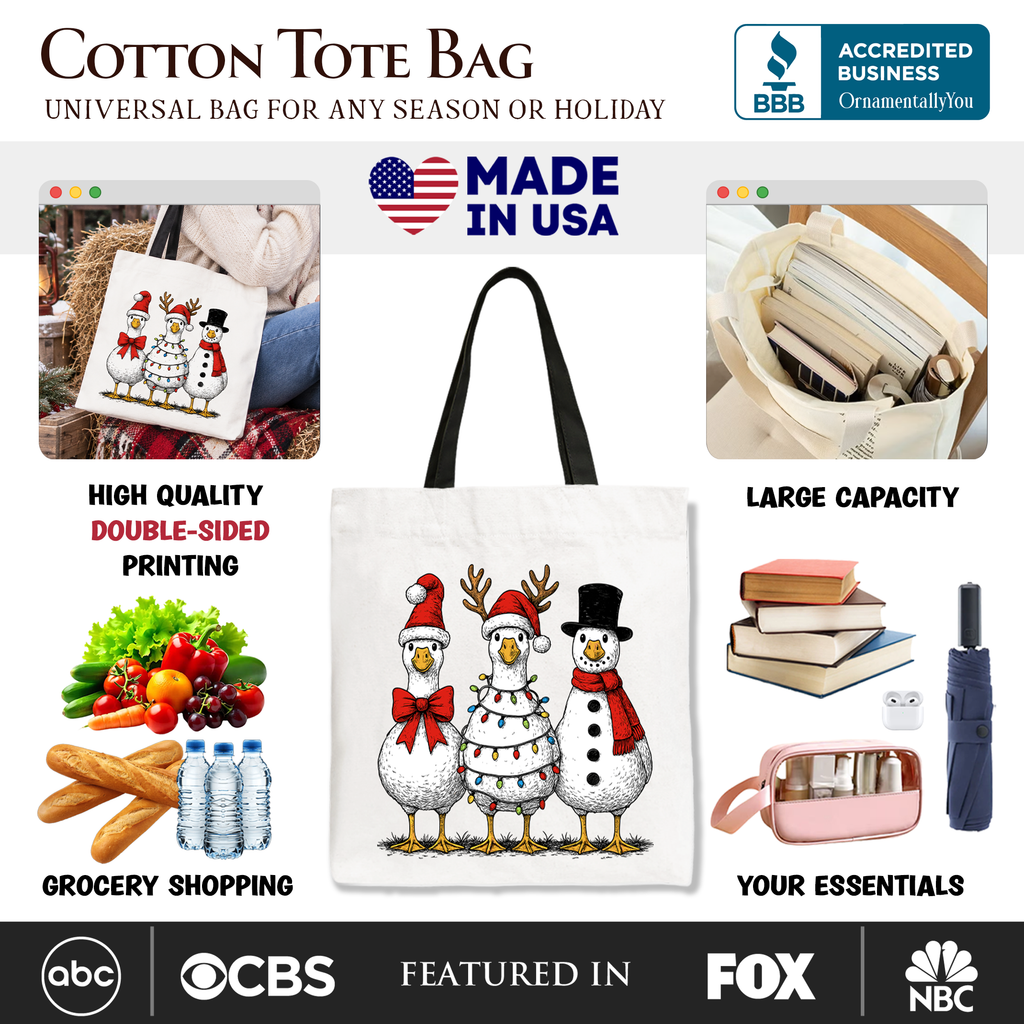 White cotton tote bag with three cartoon snowmen winter illustration and black handles