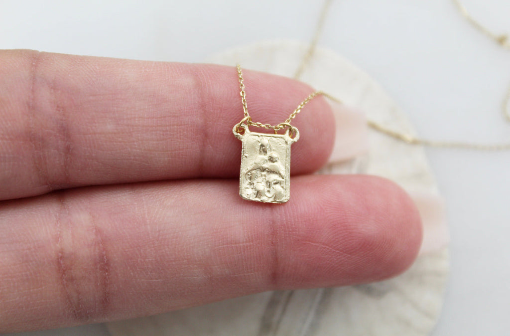 Rectangular scapular charm pendant on gold chain