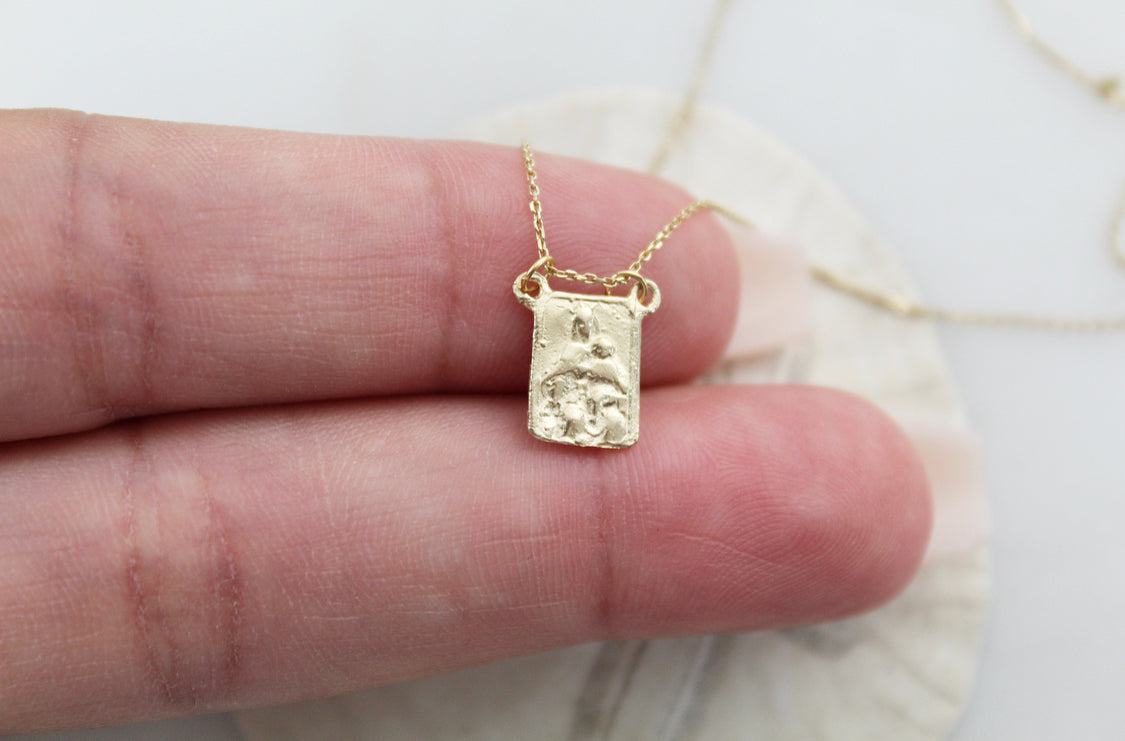 Rectangular scapular charm pendant on gold chain