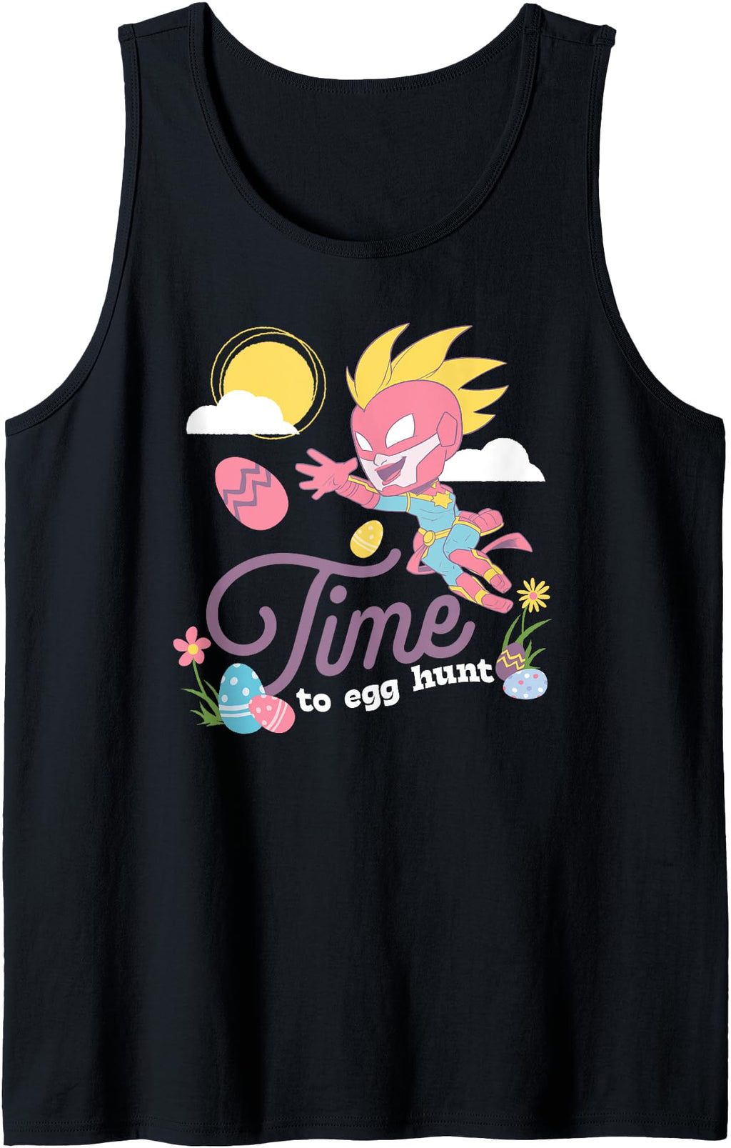 Black sleeveless T-shirt with colorful "Time to egg hunt" graphic print