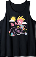 Black sleeveless T-shirt with colorful "Time to egg hunt" graphic print