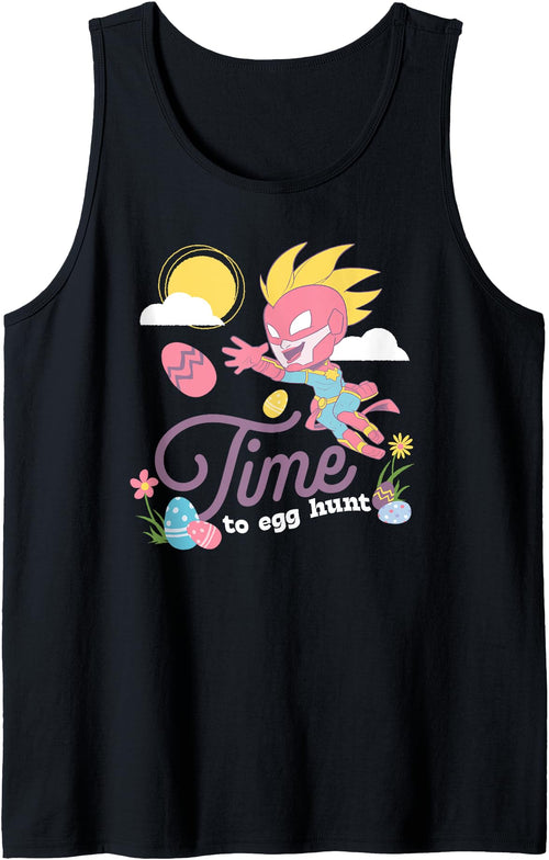 Black sleeveless T-shirt with colorful "Time to egg hunt" graphic print