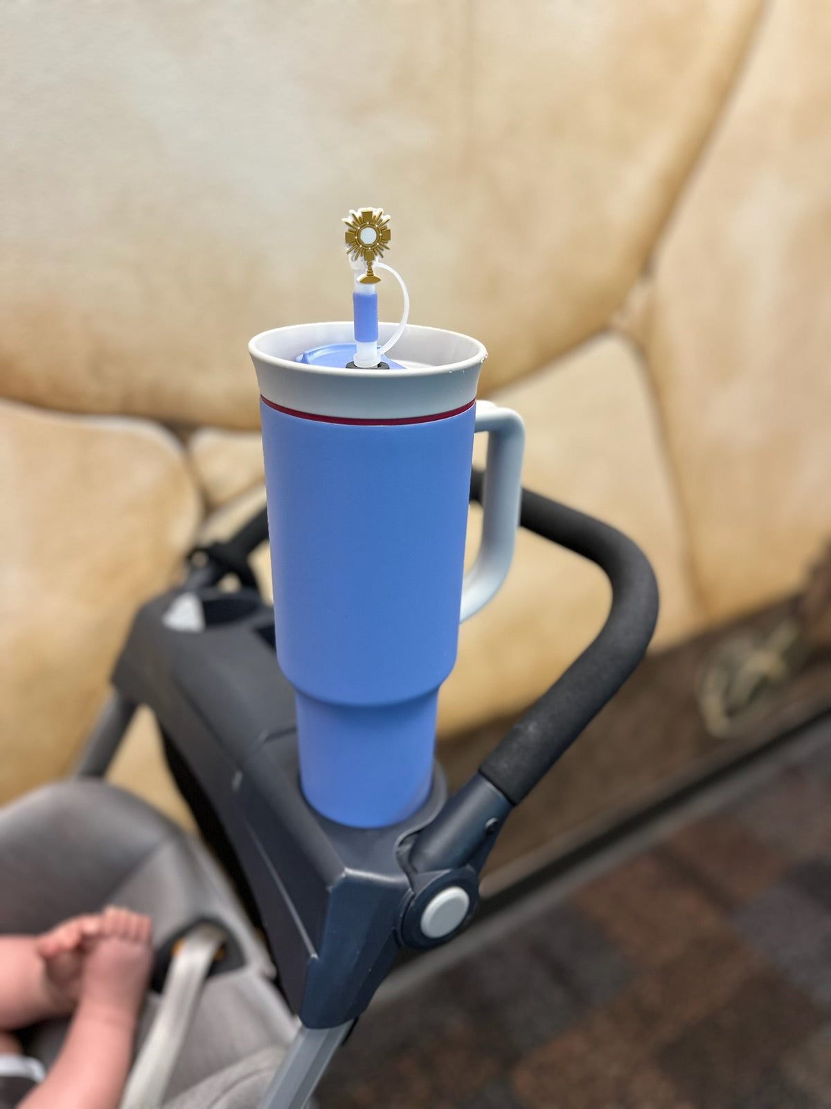 Gold Adoration straw topper on blue straw with sunburst cross and chalice