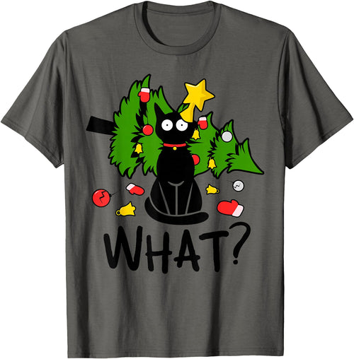 Dark gray graphic T-shirt with colorful cat tree novelty design