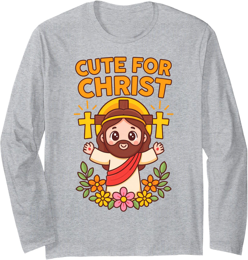 Light gray Christian chibi sweatshirt with 'CUTE FOR CHRIST' graphic and cross details