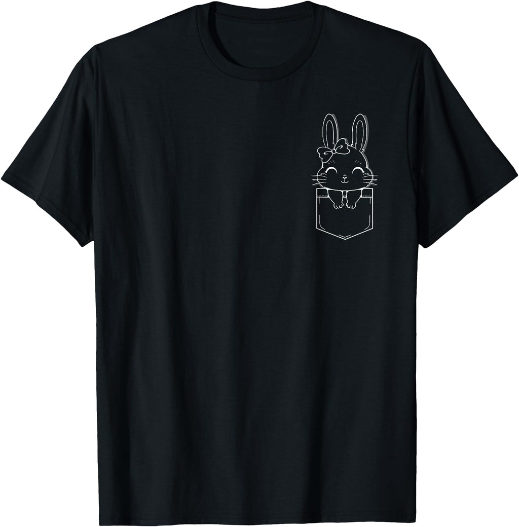 Black crewneck T-shirt with bunny-in-pocket line art chest print