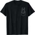 Black crewneck T-shirt with bunny-in-pocket line art chest print