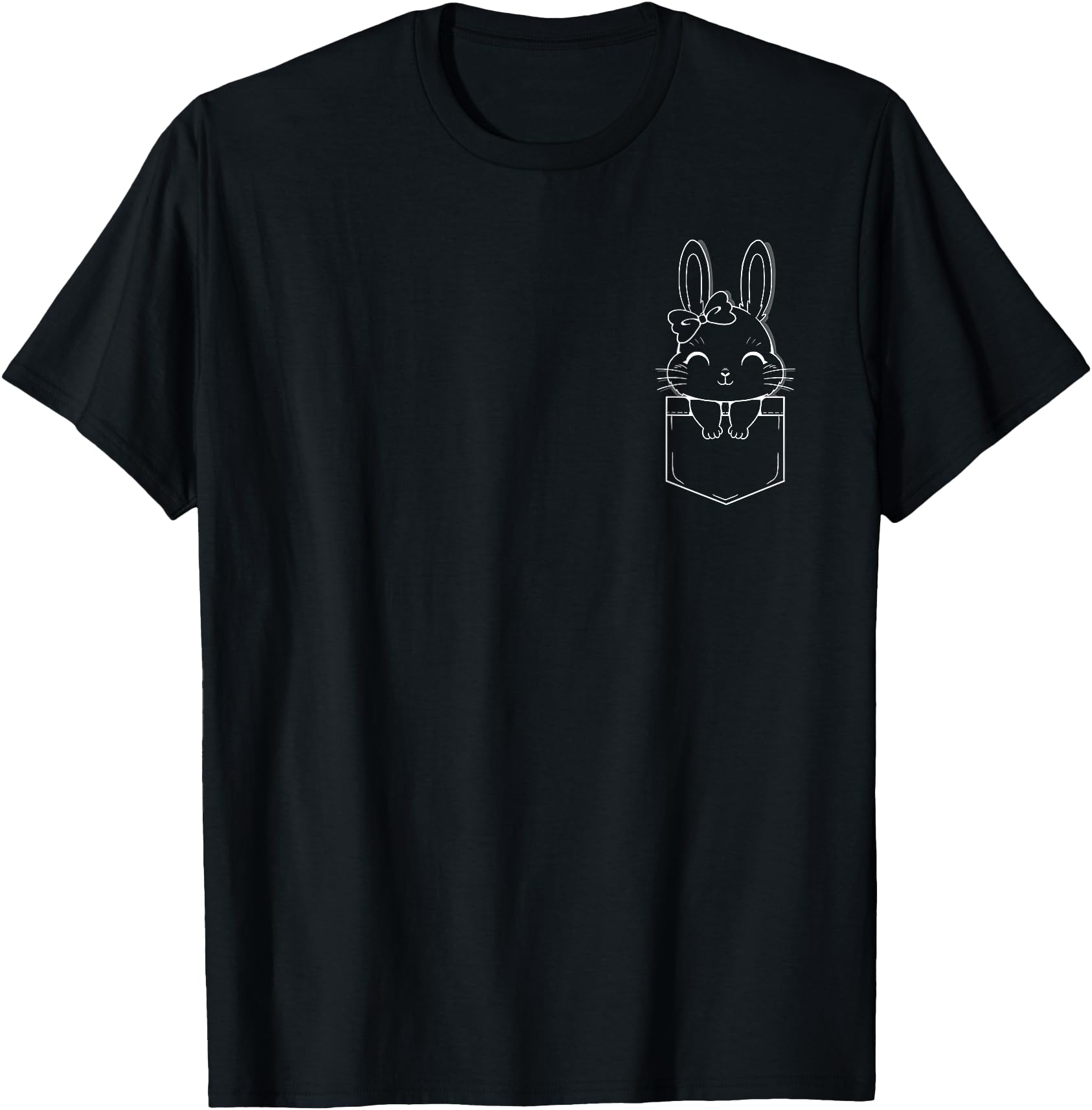 Black crewneck T-shirt with bunny-in-pocket line art chest print