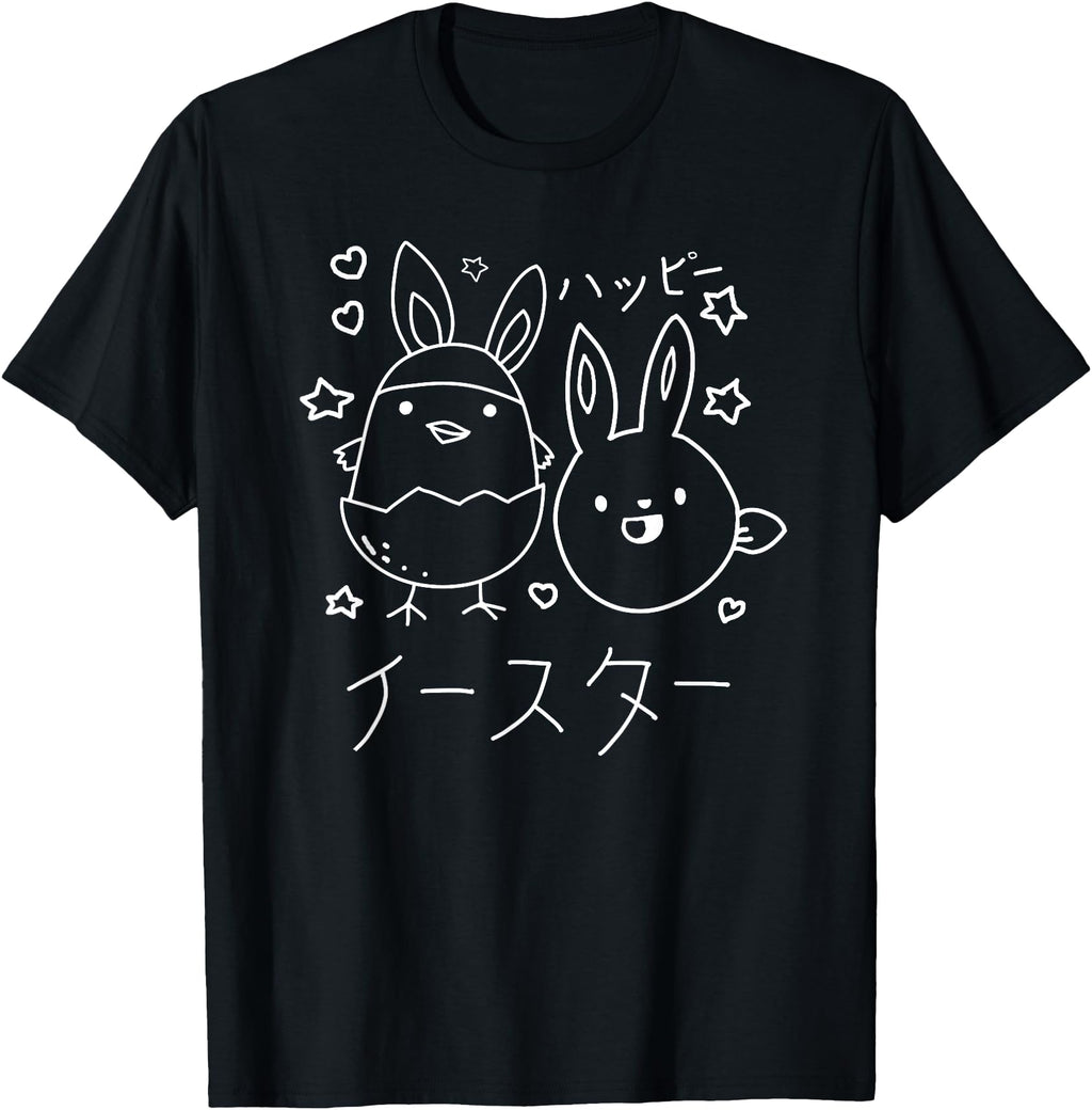 Black crew-neck T-shirt with white rabbit line-art and Japanese text graphic