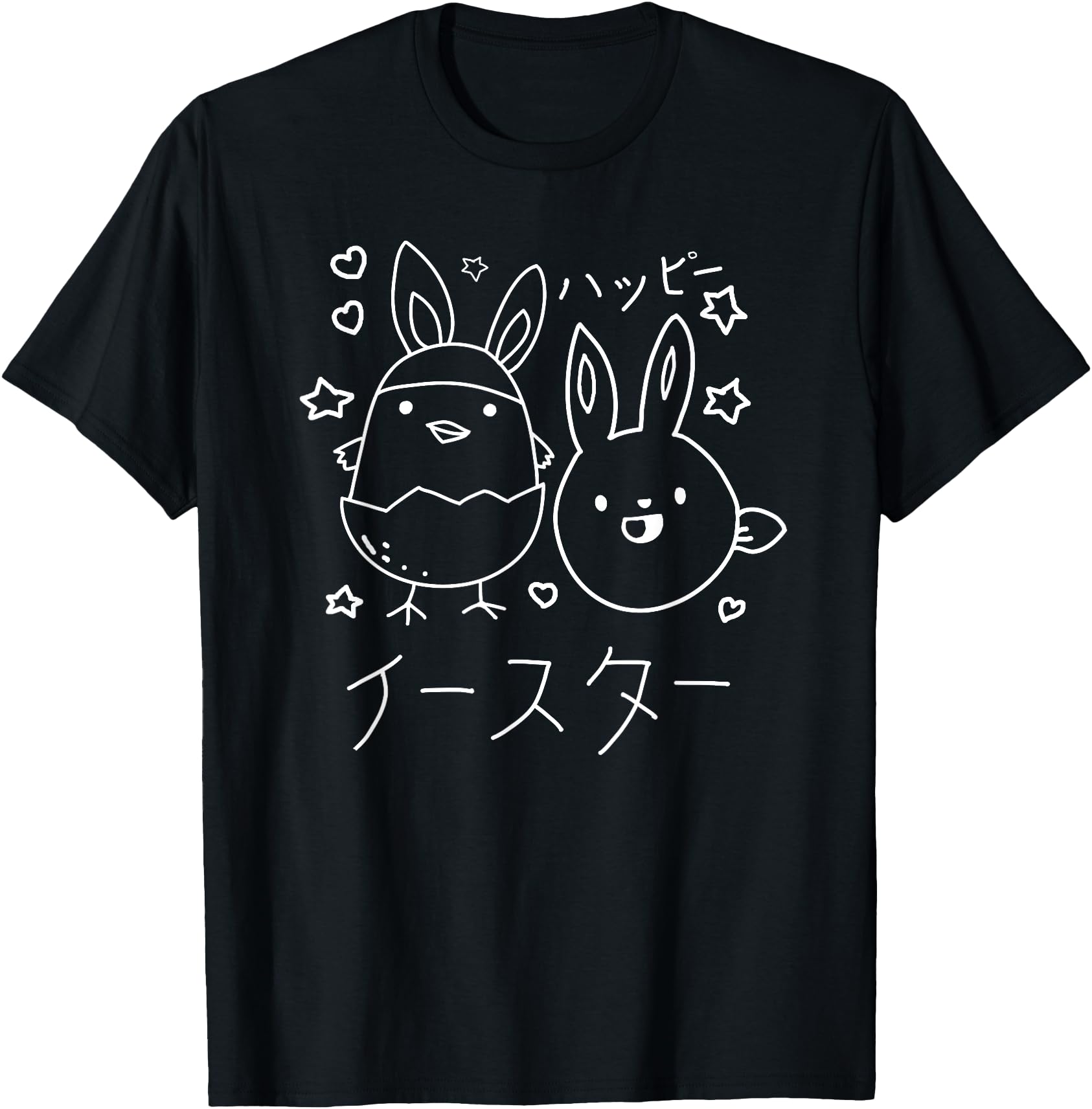 Black crew-neck T-shirt with white rabbit line-art and Japanese text graphic