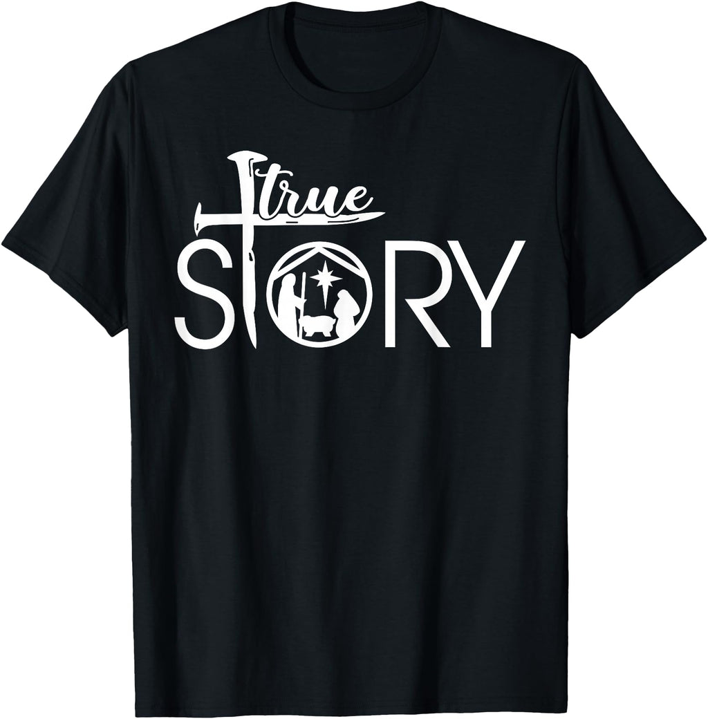 Black T-shirt with white True Story graphic and cross, centered chest print
