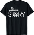 Black T-shirt with white True Story graphic and cross, centered chest print