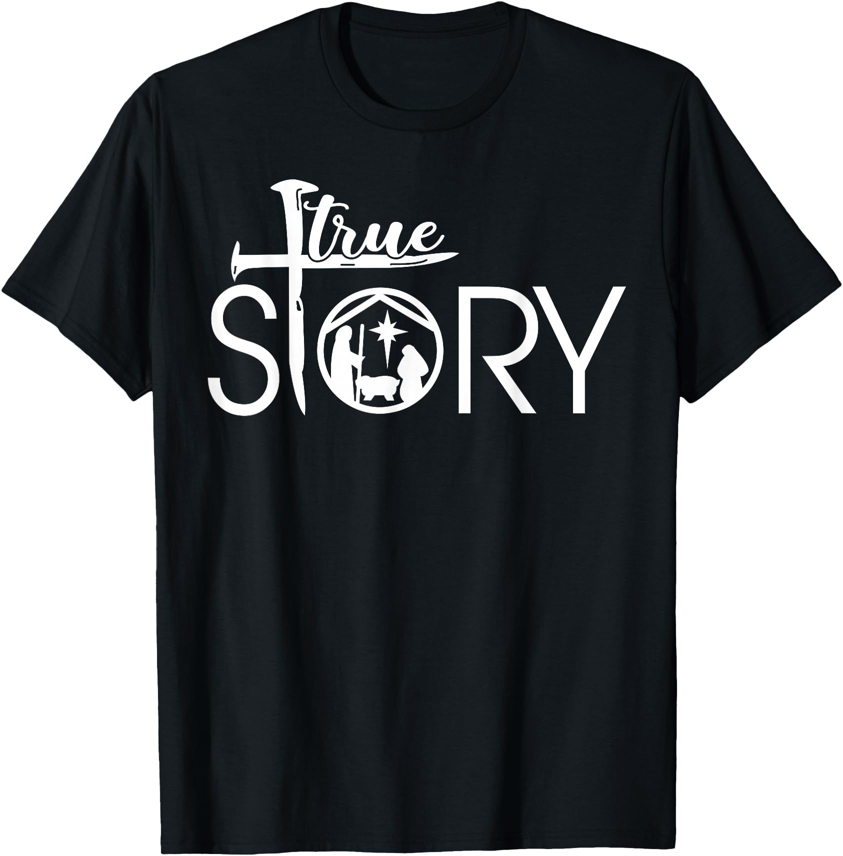 Black T-shirt with white True Story graphic and cross, centered chest print