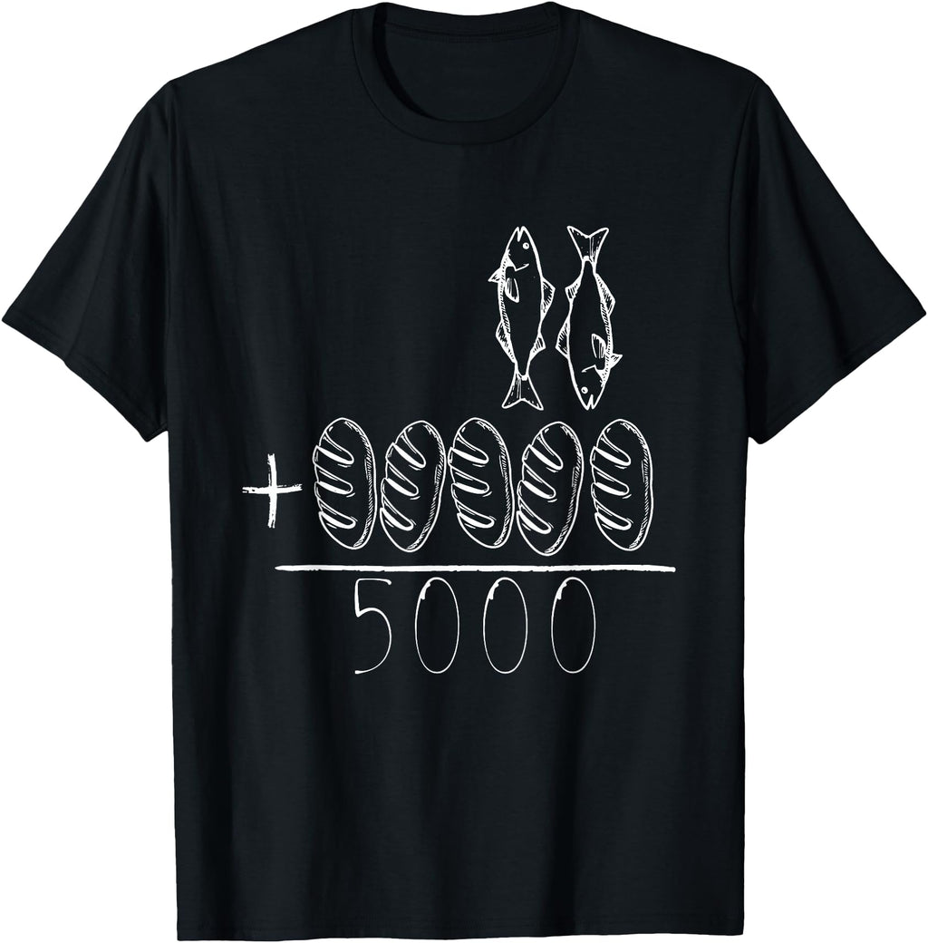Black T-shirt with white fish and bread line-art graphic
