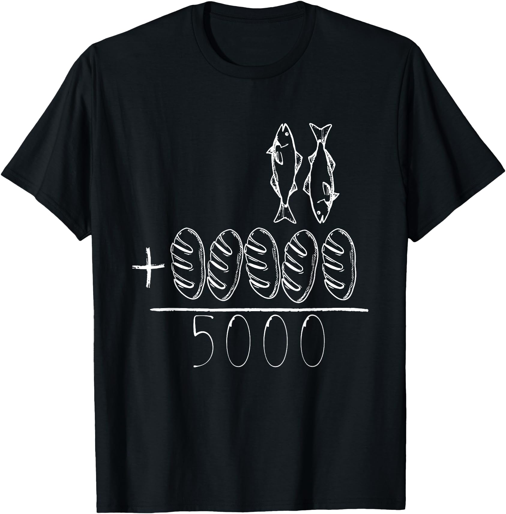 Black T-shirt with white fish and bread line-art graphic