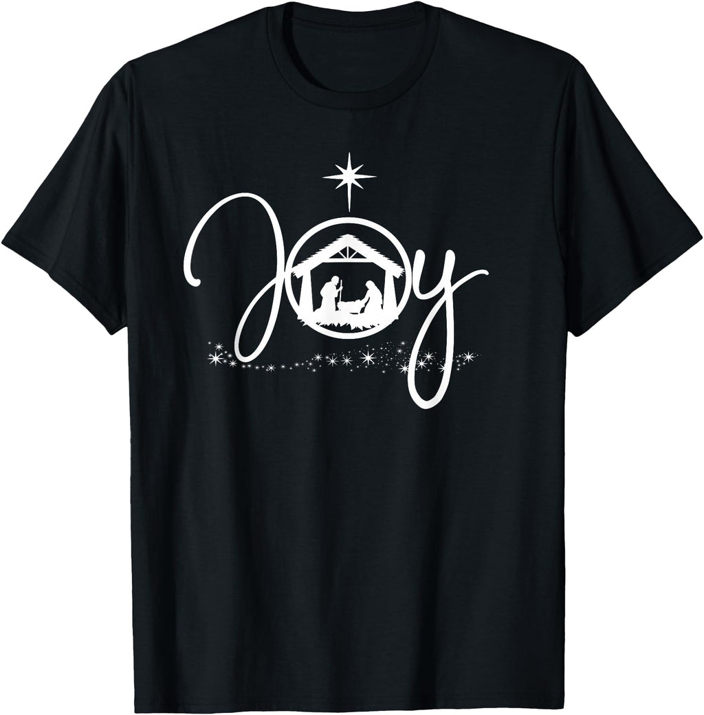 Black crewneck T-shirt with nativity scene and Joy star graphic