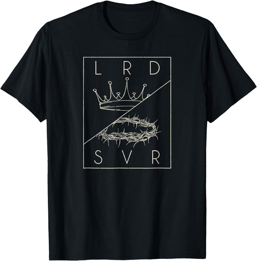 Black crewneck T-shirt with minimalist square crown and line graphic on front