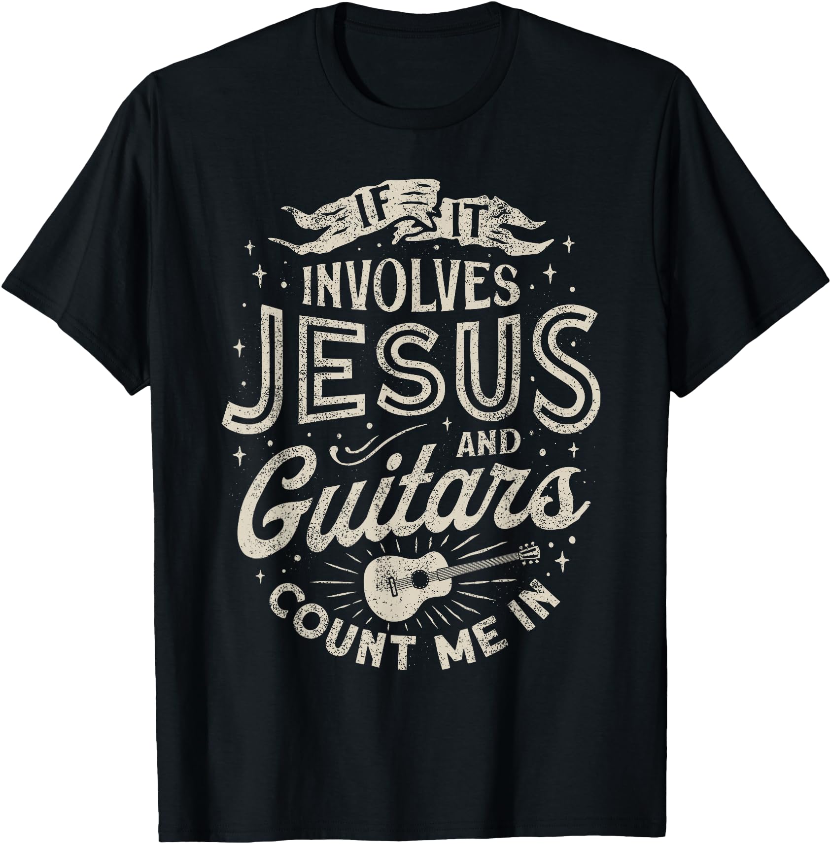 Black unisex T-shirt with 'If it involves Jesus' guitar graphic in light print