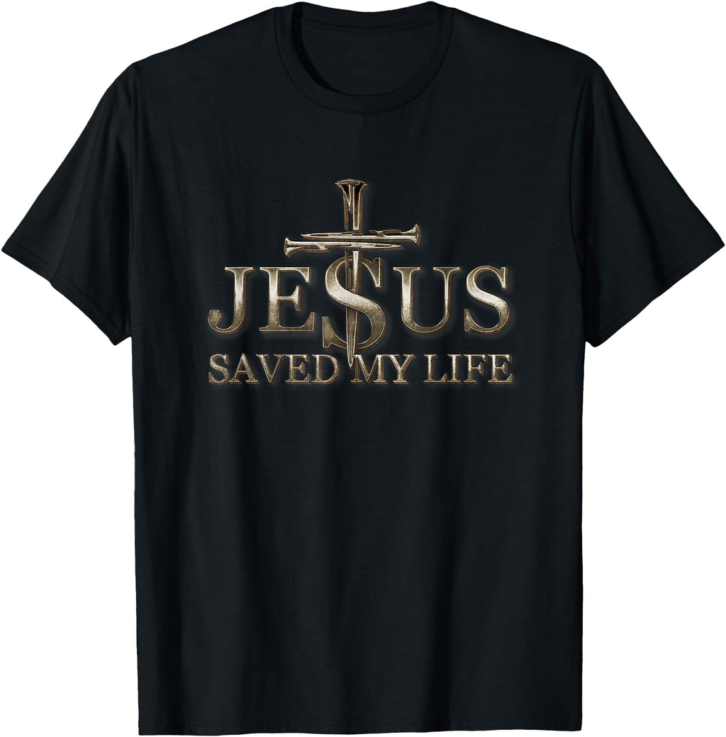 Unisex black T-shirt with gold cross and "JESUS SAVED MY LIFE" text graphic