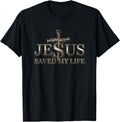 Unisex black T-shirt with gold cross and "JESUS SAVED MY LIFE" text graphic